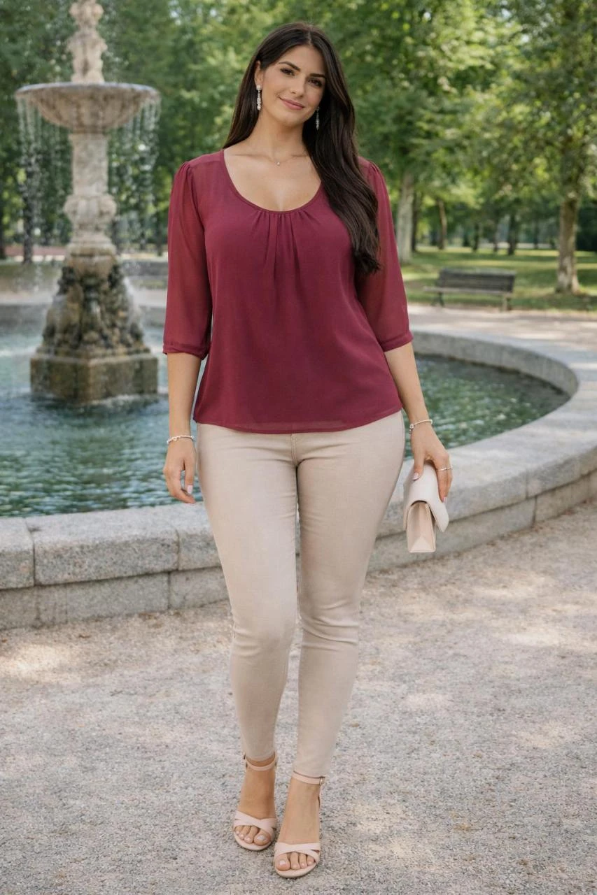 Blusa vaporosa color burdeos, transparente. Only. Talla S